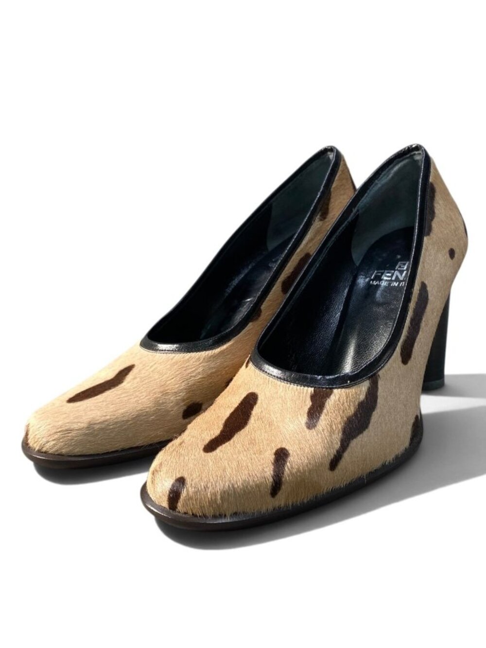 Fendi Calf Hair Vintage Pumps Chunky Heel Shoes Beige Brown